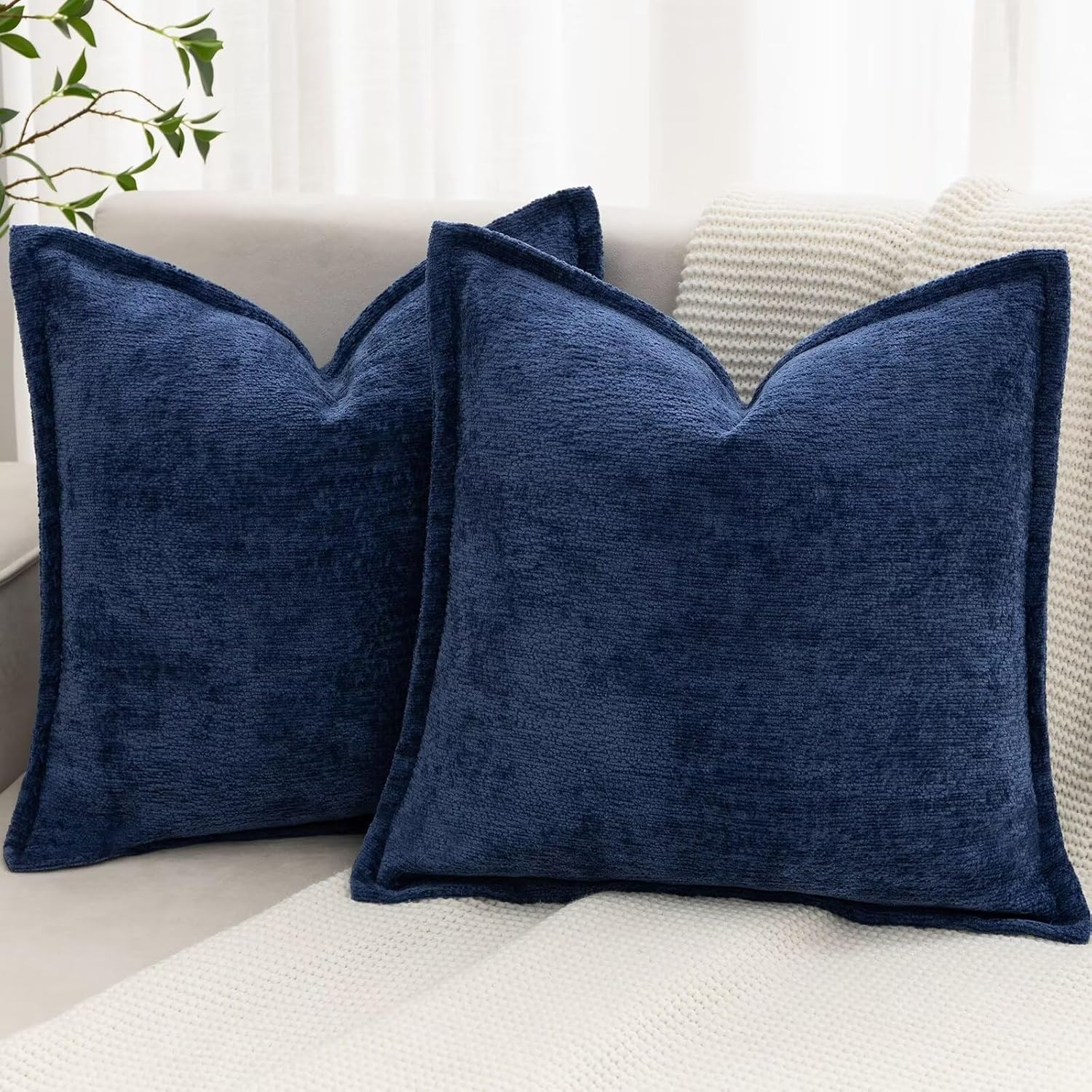 Navy Blue Decorative Throw Pillow Covers 18x18 Inch Set of 2 Cozy Soild Chenille Cushion Cases So... | Amazon (US)