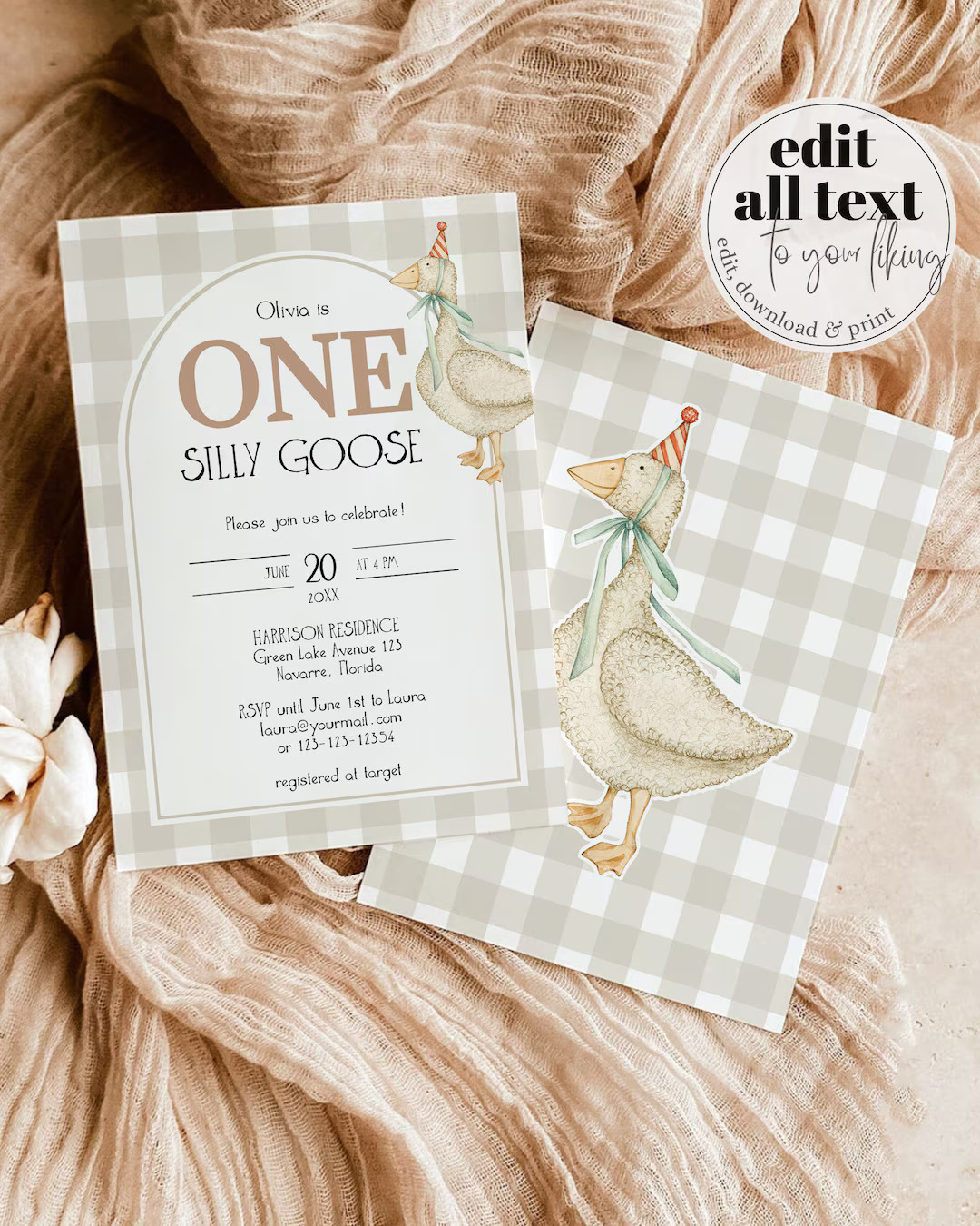 One Silly Goose Gender Neutral First Birthday Invitation, Silly Goose Invite Natural Retro Theme ... | Etsy (US)