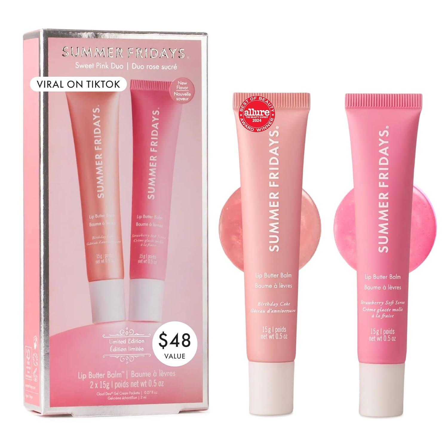 Summer Fridays Lip Butter Balm Sweet Pink Duo - Conditioning Tinted Lip Balm + Overnight Mask for Instant Shine + Color - Infused with Hydrating Shea Butter - Pink Sugar + Birthday Cake (2 Count) | Amazon (US)