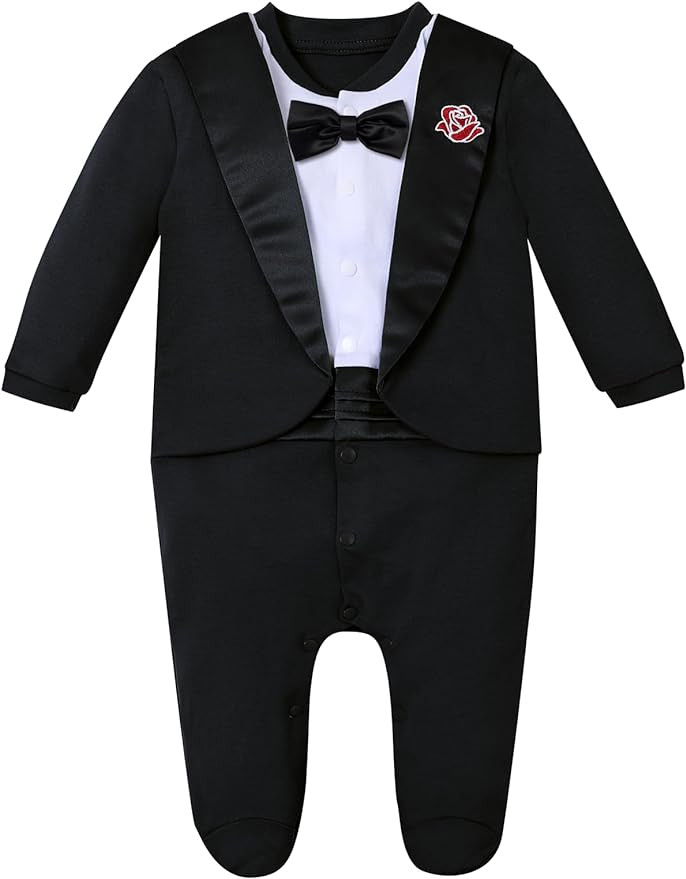 A&J DESIGN Baby Boy Tuxedo Gentleman Footie One-piece Romper with Bow Tie Newborn-9 Months | Amazon (US)