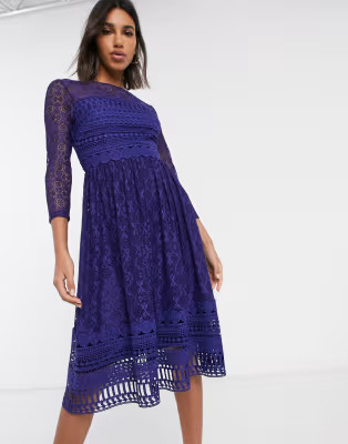 ASOS DESIGN Premium lace midi skater dress in navy | ASOS (Global)