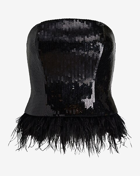 Sequin Strapless Feather Hem Tube Top | Express