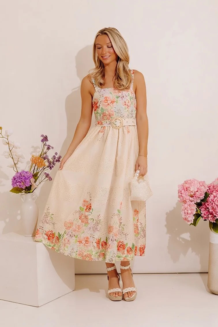 Lovely Blooms Floral Eyelet Midi Dress | Impressions Online Boutique