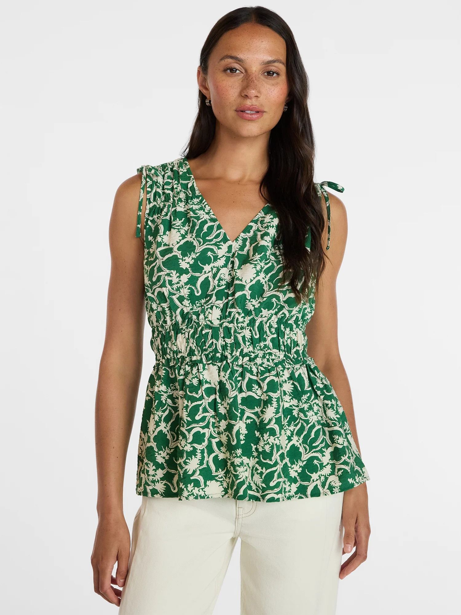 Time and Tru Women's Ruched Tie Shoulder Top, Sizes XS-XXXL | Walmart (US)