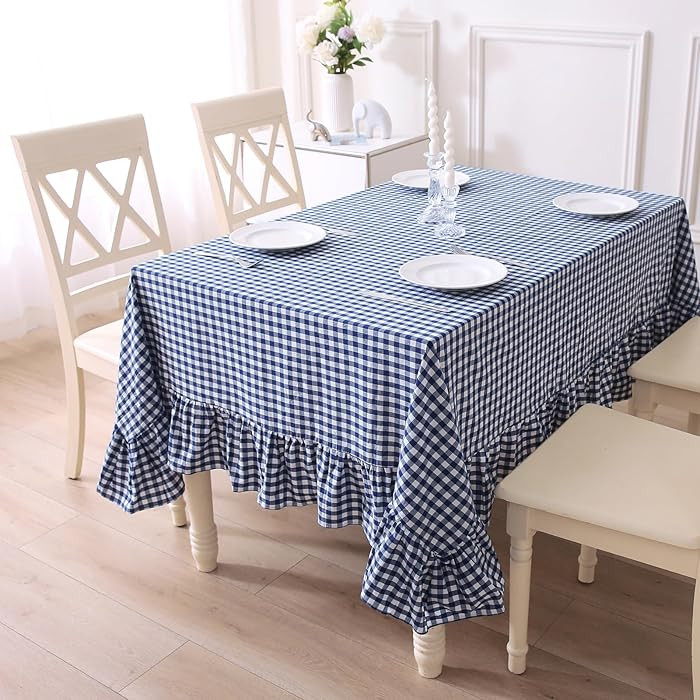 Navy Blue White Plaid Gingham Ruffled Table Cloth for Rectangle Table 6-8 Seats, 100% Washed Cott... | Amazon (US)