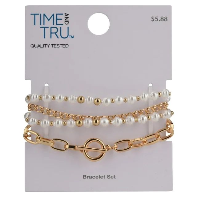 Time and Tru Women's Gold Tone and Faux Pearl Bracelet Set, 4-Piece | Walmart (US)