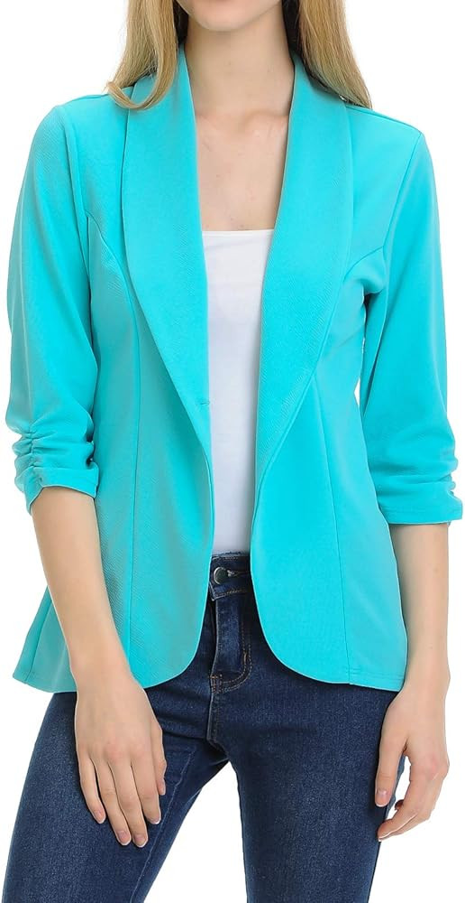 MINEFREE Women's 3/4 Ruched Sleeve Lightweight Work Office Blazer Jacket (S-3XL) | Amazon (US)