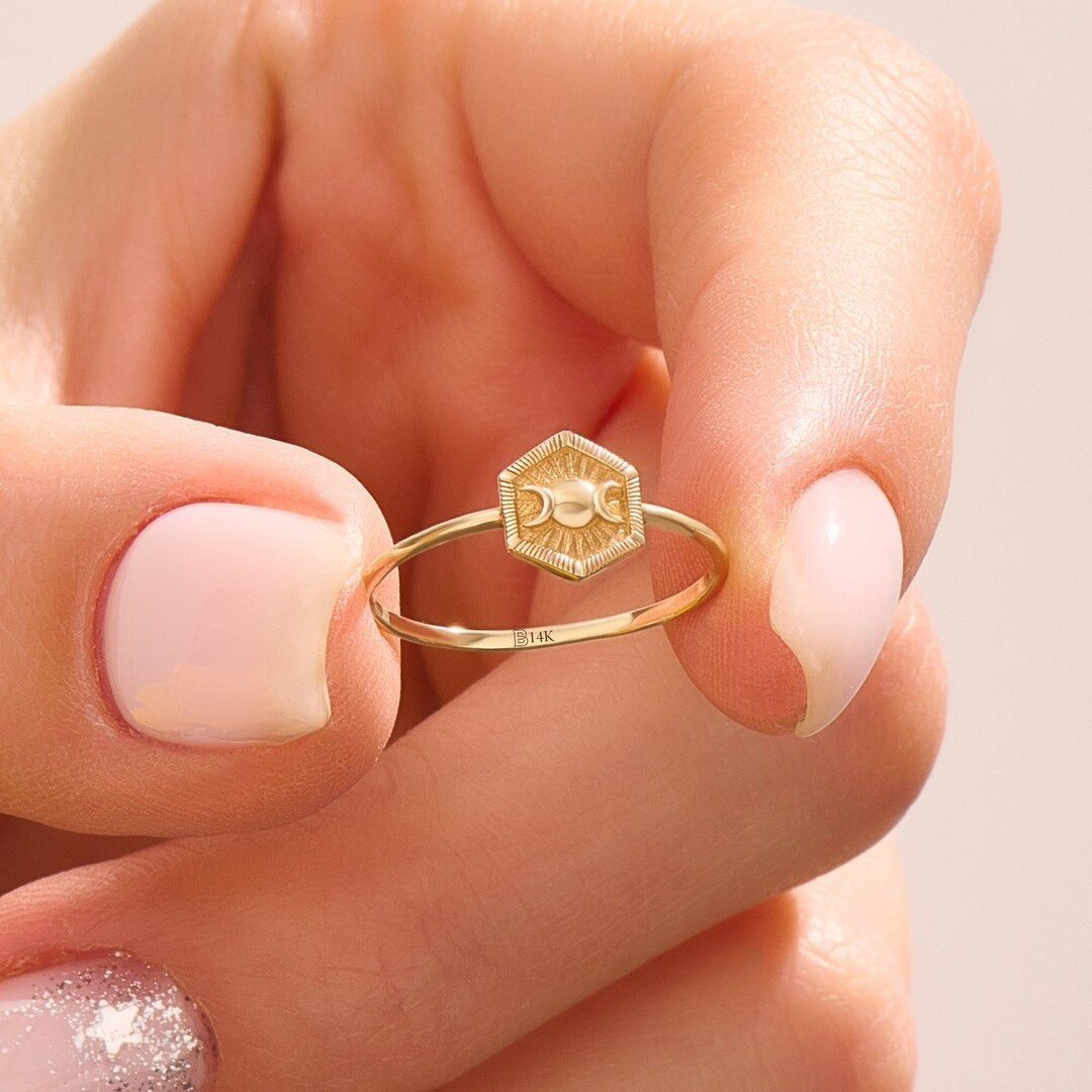 14k Solid Gold Hexagon Pinky Ring for Women, Minimalist Celestial Sun and Moon Ring, Dainty Gold ... | Etsy (US)
