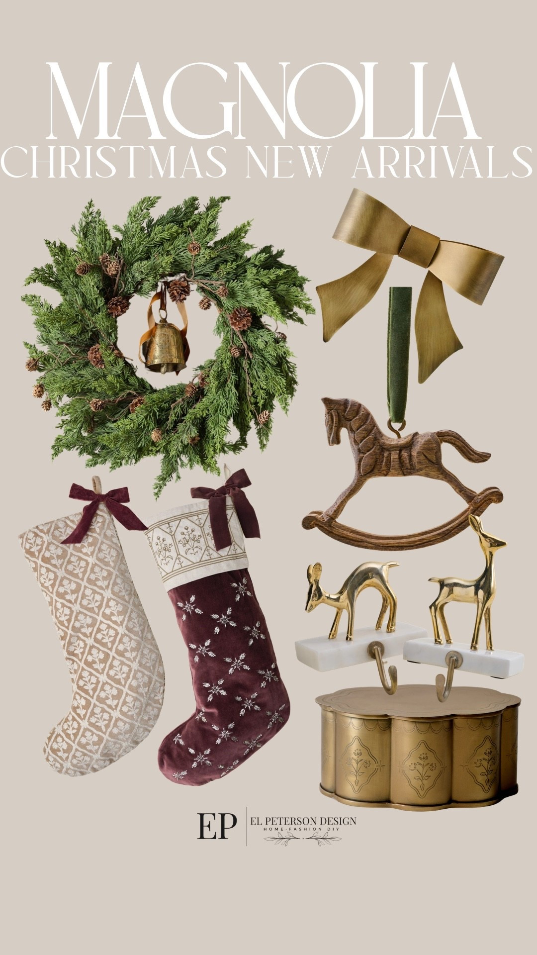 Magnolia
Christmas New Arrivals
Wreath
Bow
Horse ornaments
Stockings
Brass  container
Stocking holders

#LTKHome