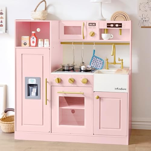 inFUNSAME Kids Play Kitchen for Chef Pretend Kitchen Playset with Real Lights and Sounds and 14 Pcs Toy Kitchen Accessories, Wooden Toddler Pink Play Kitchen Set for Girls Ages 3+ | Amazon (US)