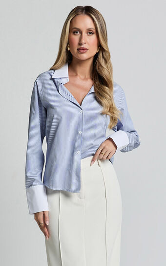 Trixie Shirt - Striped White Cuff & Collar Detail Button Up Shirt in Blue Stripe | Showpo (US, UK & Europe)