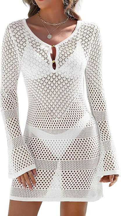 BB&KK Women Beach Cover Ups Crochet Mesh Bathing Suit Summer Knit Swimsuit Knot Back V Neck Hollo... | Amazon (US)