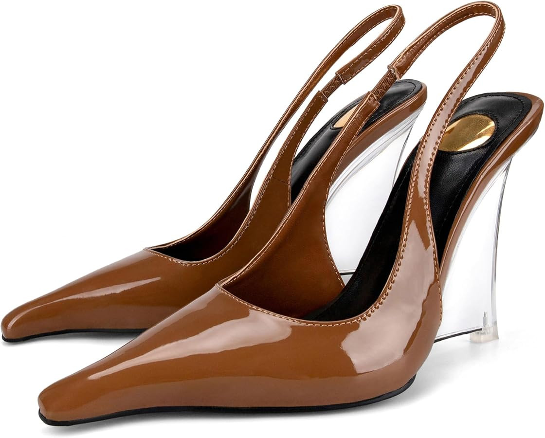 Goolita Slingback Heels for Women, Pointed Closed Toe Clear Wedge Heels Sexy Patent Leather Slip ... | Amazon (US)