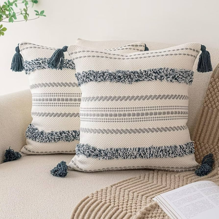 Boho Throw Pillow Covers 18x18 Set of 2 Woven Tufted Farmhouse Pillows Cover with Tassels Texture... | Amazon (US)