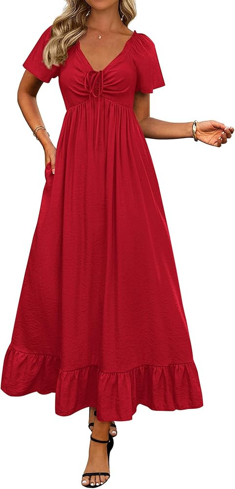 BTFBM Womens Spring Dresses 2025 Casual Short Sleeve V Neck Drawstring Wedding Guest Maxi Dresses... | Amazon (US)