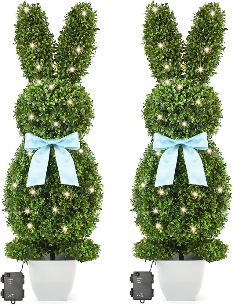 HOYECHI Lighted Bunny Topiary Outdoor Set of 2-3FT Tall Artificial Boxwood Bunny with 40 LED Ligh... | Amazon (US)