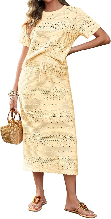 Tankaneo Womens Crochet Cover Up 2 Piece Skirt Sets Short Sleeve Knit Top Midi Skirt Vacation Tra... | Amazon (US)