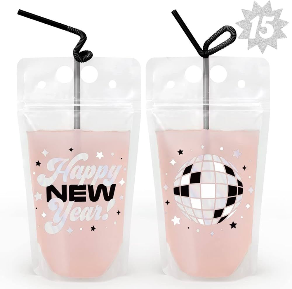 xo, Fetti New Years Eve Party Drink Pouches - 15 pcs | NYE Party Favors, Happy New Year Decorations, NYE 2023 Cups Decor | Amazon (US)