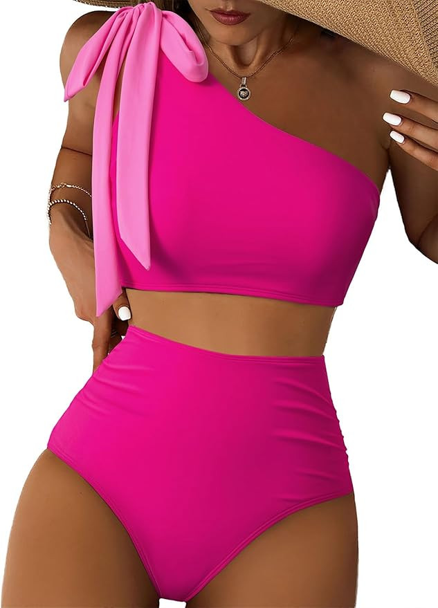 Herseas Womens Bikini Sets 2 Piece One Bow-Shoulder Swimsuit Ruched Bathing Suit | Amazon (US)