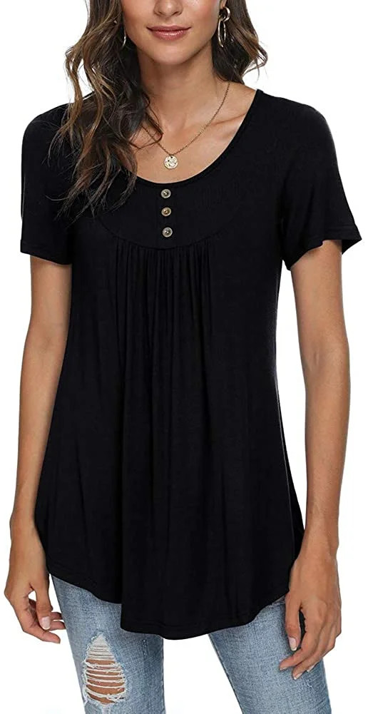 ppyoung Women's Summer Short Sleeve Tunic Tops Fit Pleated Blouses - Walmart.com | Walmart (US)