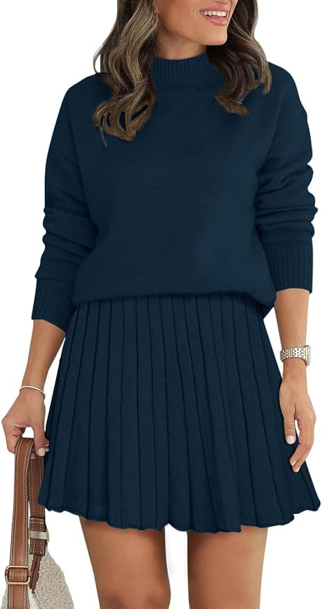 COCCKO Women's Two Piece Outfits Turtleneck Long Sleeve Ribbed Knit Tops Pleated Mini Skirt 2026 ... | Amazon (US)