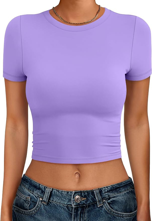ANRABESS Womens Basic Tee Summer Outfits Crewneck Short Sleeve Crop Tops Slim Fitted T Shirts Y2k... | Amazon (US)