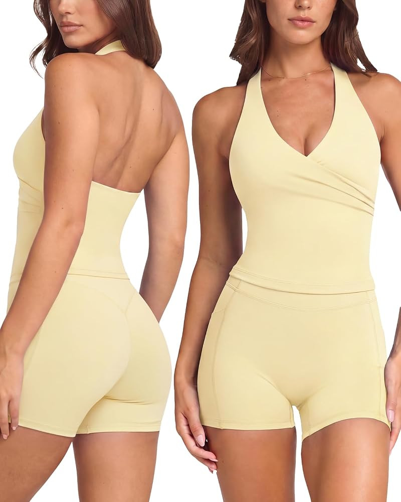 SUUKSESS Women 2 Piece Halter Open Back Workout Sets Padded Tank Top High Waisted Tummy Control B... | Amazon (US)