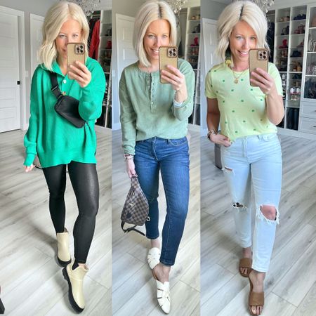 Green pullover medium
Leggings size small but could have sized down 
Henley top size small
Jeans both size 2
Cloverleaf tee size small

#LTKunder50 #LTKunder100 #LTKstyletip