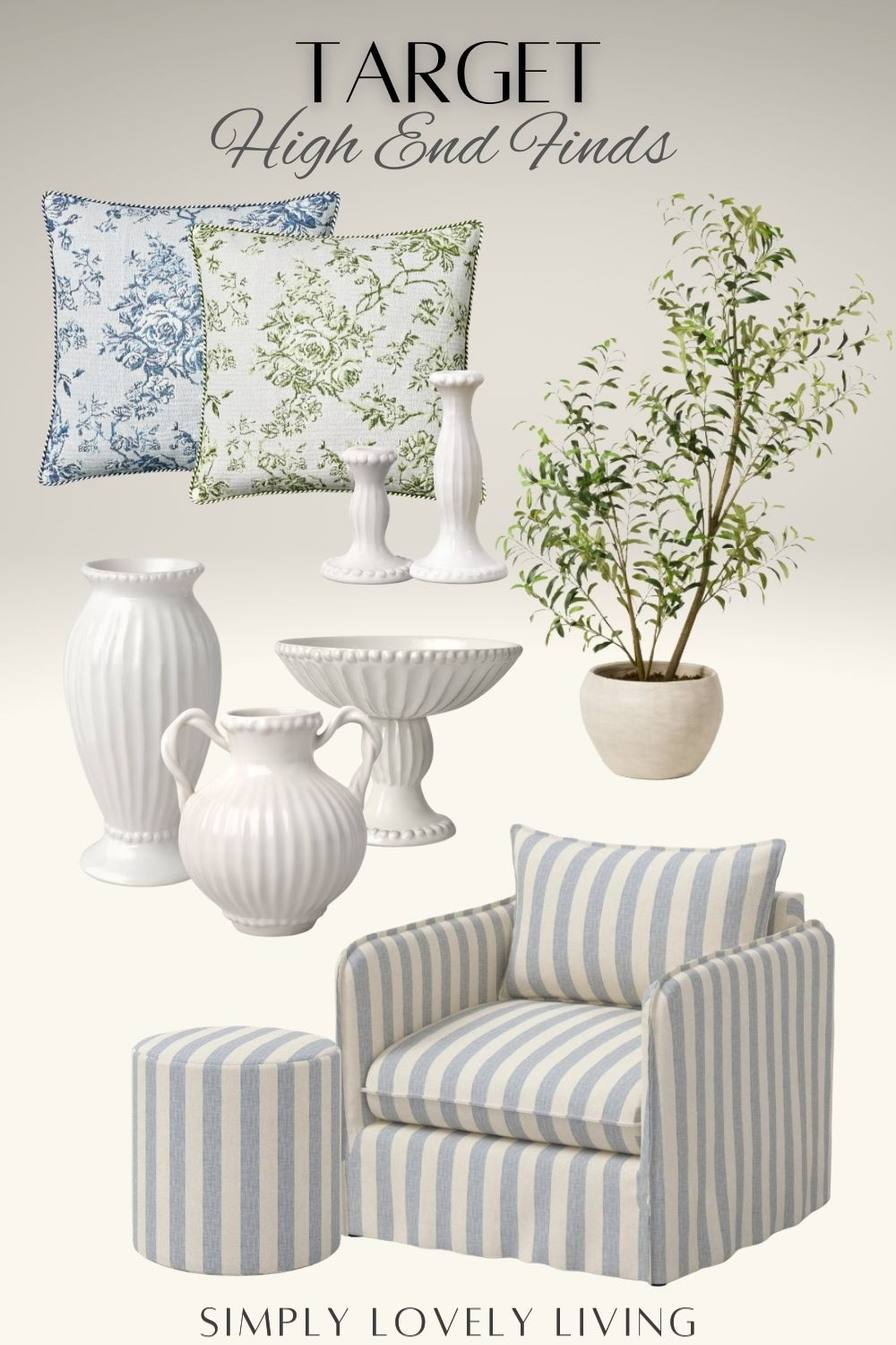 Target high end finds. Elegant Threshold home decor. Upholstered stripe accent chair with ottoman. Also comes in a variety of colors and patterns. Ceramic vases. Floral pillows. #LTKfind #targethome

#LTKHome #LTKSeasonal