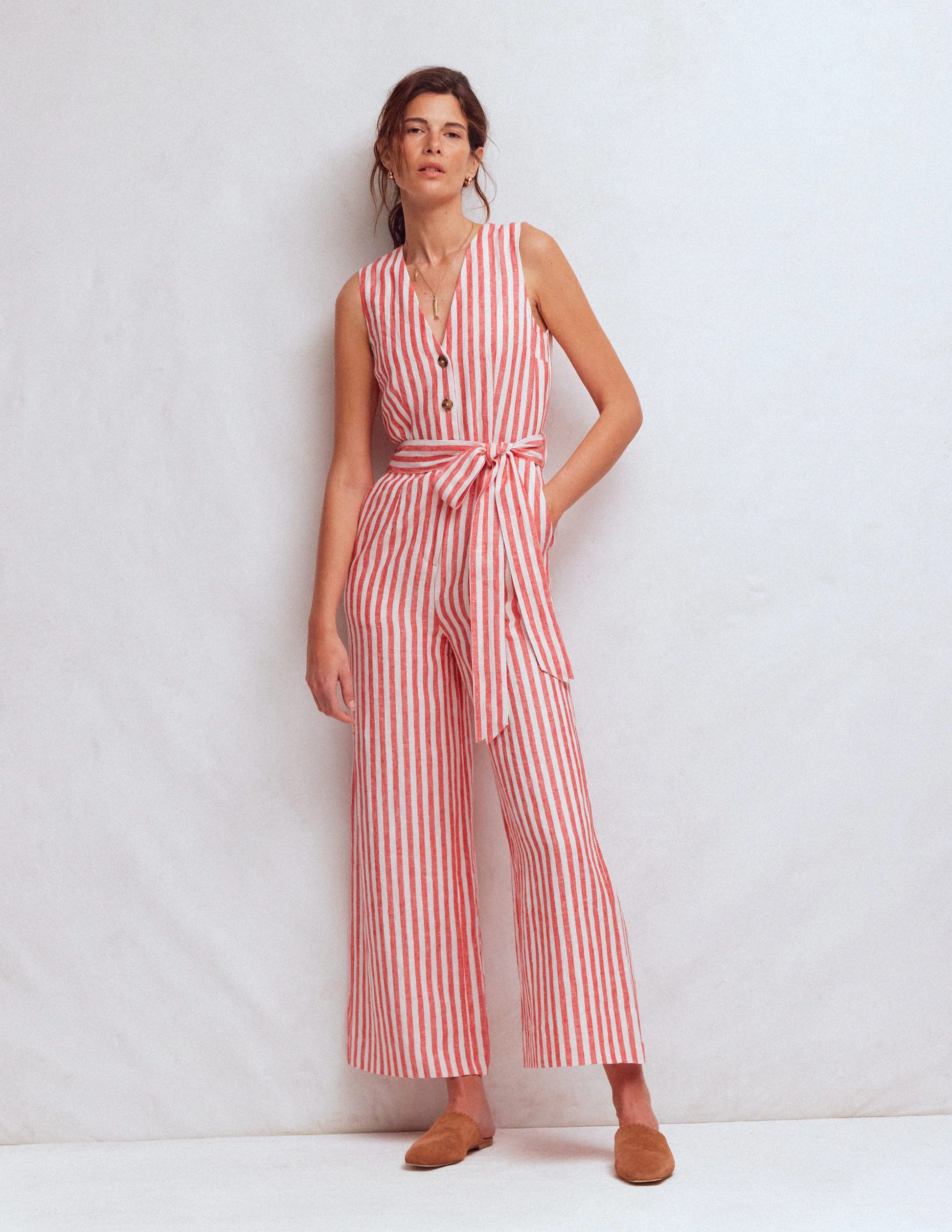 Laura Leinen-Jumpsuit mit V-Ausschnitt-Rot, Naturweiß gestreift | Boden DE