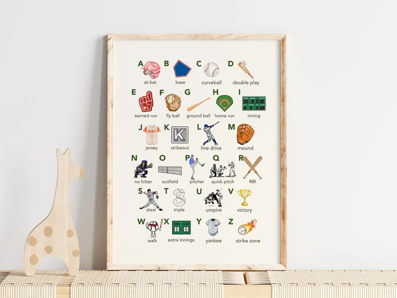 Baseball Alphabet Nursery Print, Watercolor Baseball Print, Baseball Wall Art, Baseball Gift, Abc... | Etsy (US)