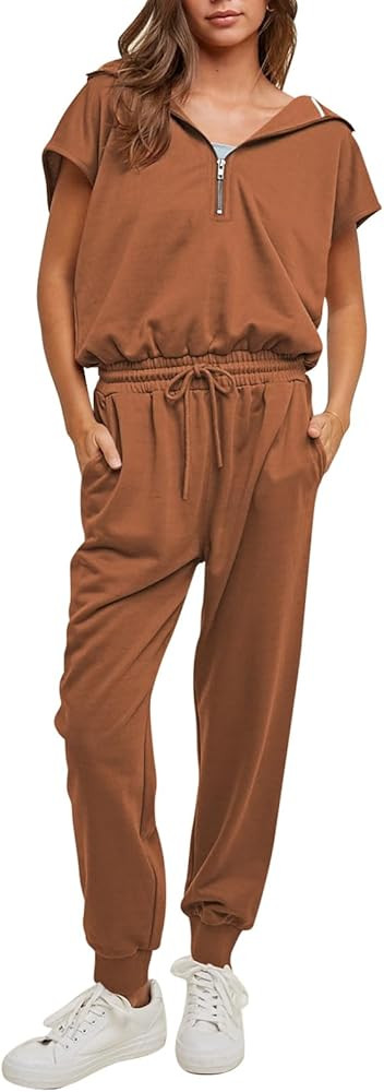 Fixmatti Women's 2024 Summer Casual Zip up Short Sleeve Hoodie Romper Jumpsuit with Pocket | Amazon (US)