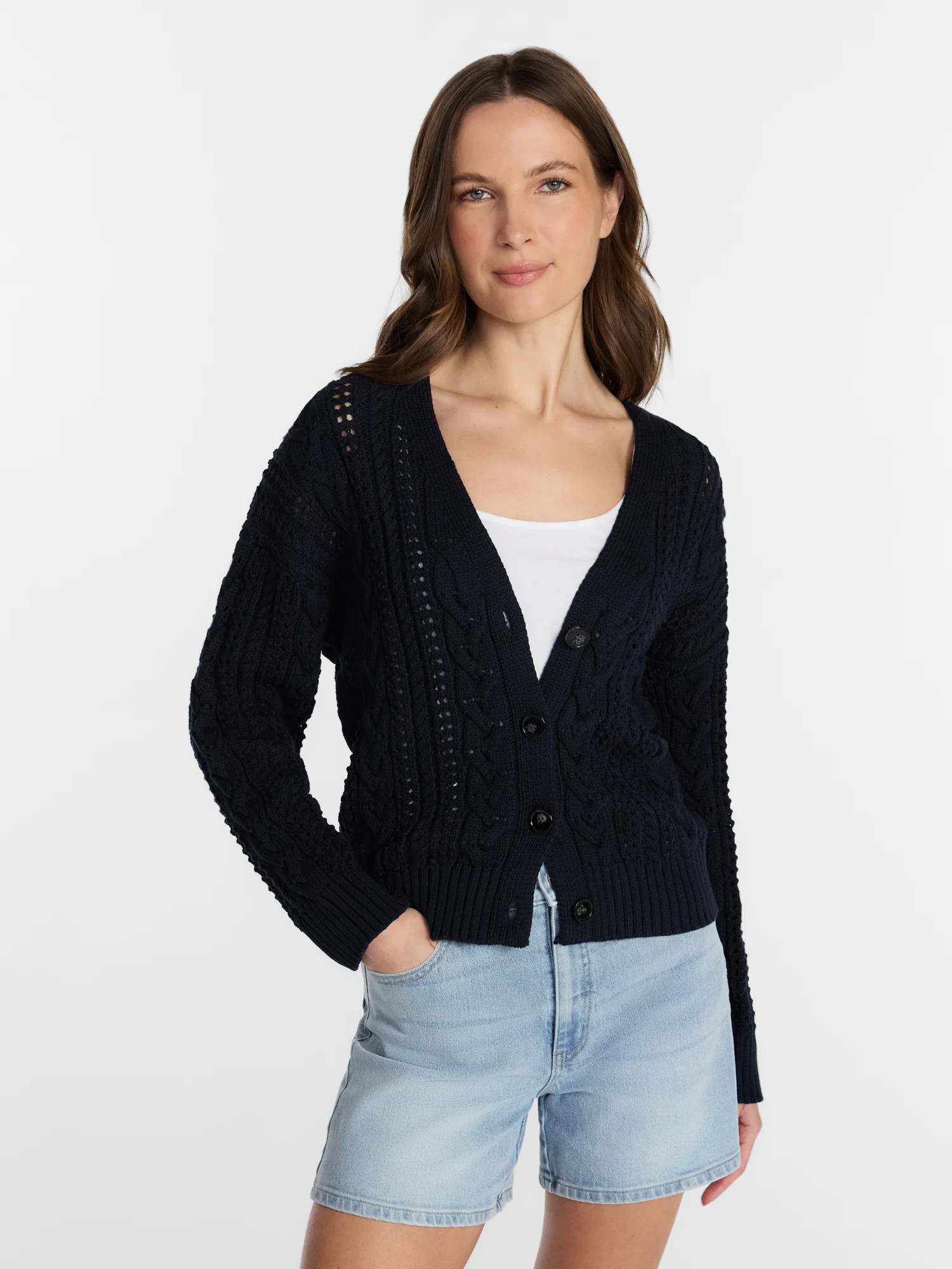 Time and Tru Women's Cable Knit Cardigan Sweater, Lightweight, Sizes XS-XXXL | Walmart (US)