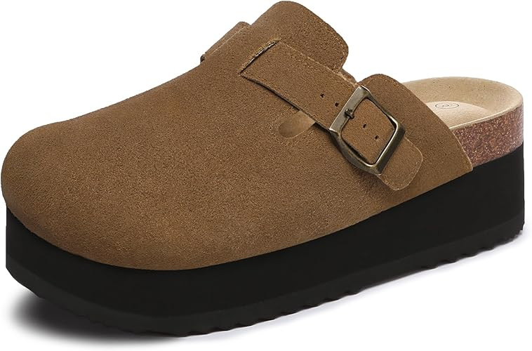 Rihero Women's Platform Clogs Adjustable Buckle Cork Footbed Slip on Suede Clog Slippers | Amazon (US)