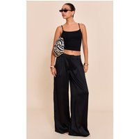 Black Textured Satin Double Pleat Wide Leg Pants | PrettyLittleThing US