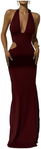 Floerns Women's Cut Out Backless Halter Top Dress Deep V Neck Slit Maxi Dresses | Amazon (US)