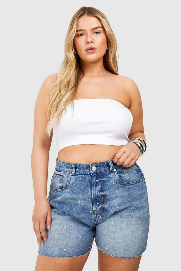 Plus Rhinestone Jean Short | boohoo (US & Canada)