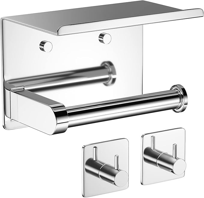 Tindbea Toilet Paper Holder with Phone Shelf + Towel Robe Hooks, Adhesive or Screw Wall Mounted T... | Amazon (US)