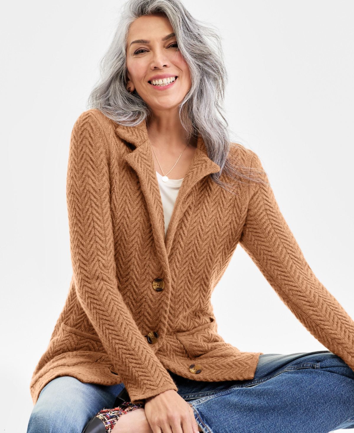 Charter Club Women's 100% Cashmere Herringbone Stitch Blazer, Macy's Exclusive - Warm Praline Heather | Macy's