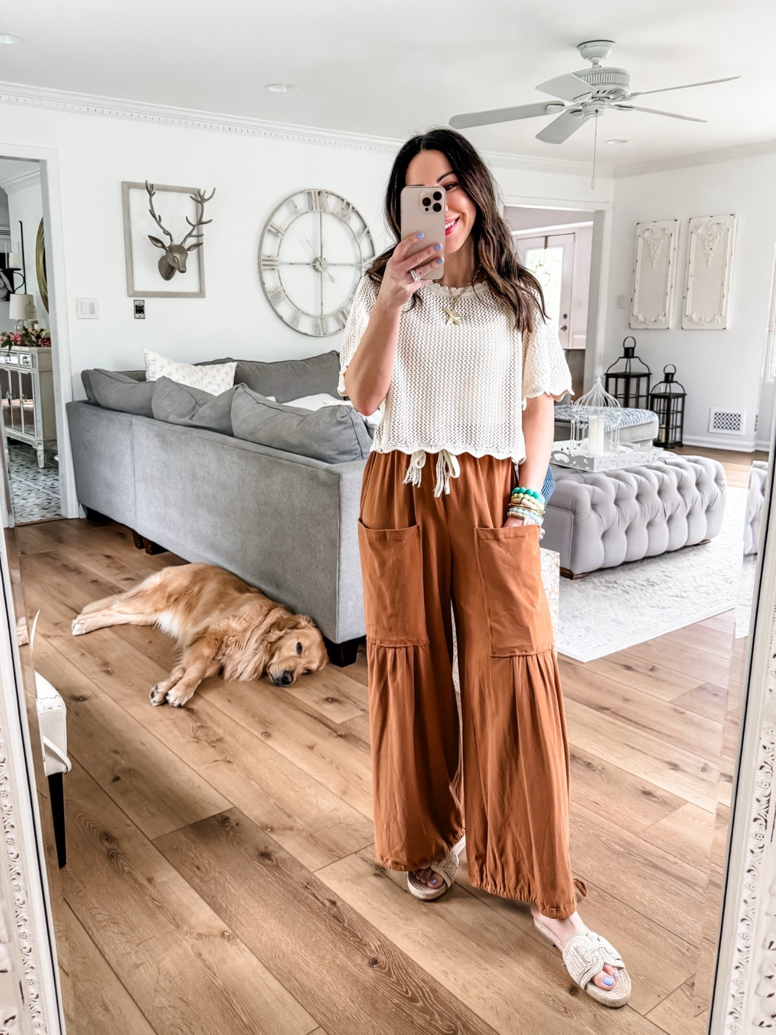 Small wide legged pants. Small crochet top. Sandals TTS.

#LTKPetite #LTKOver40 #LTKSaleAlert