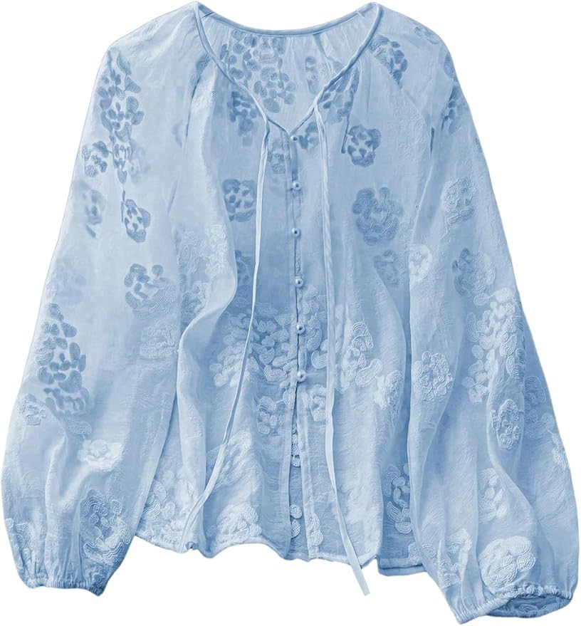 GORGLITTER Women's Boho Peasant Blouses Floral Embroidered Tops Summer Sheer Tie Front Flowy Long... | Amazon (US)