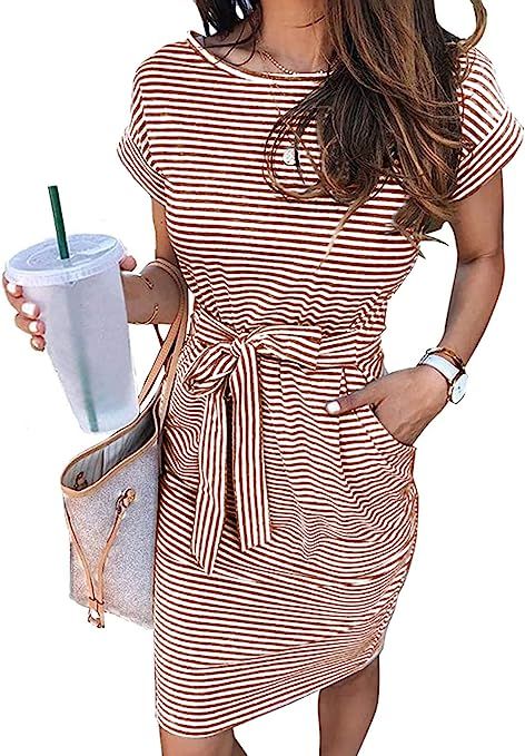 MEROKEETY Women's Summer Striped Short Sleeve T Shirt Dress Casual Tie Waist with Pockets | Amazon (US)