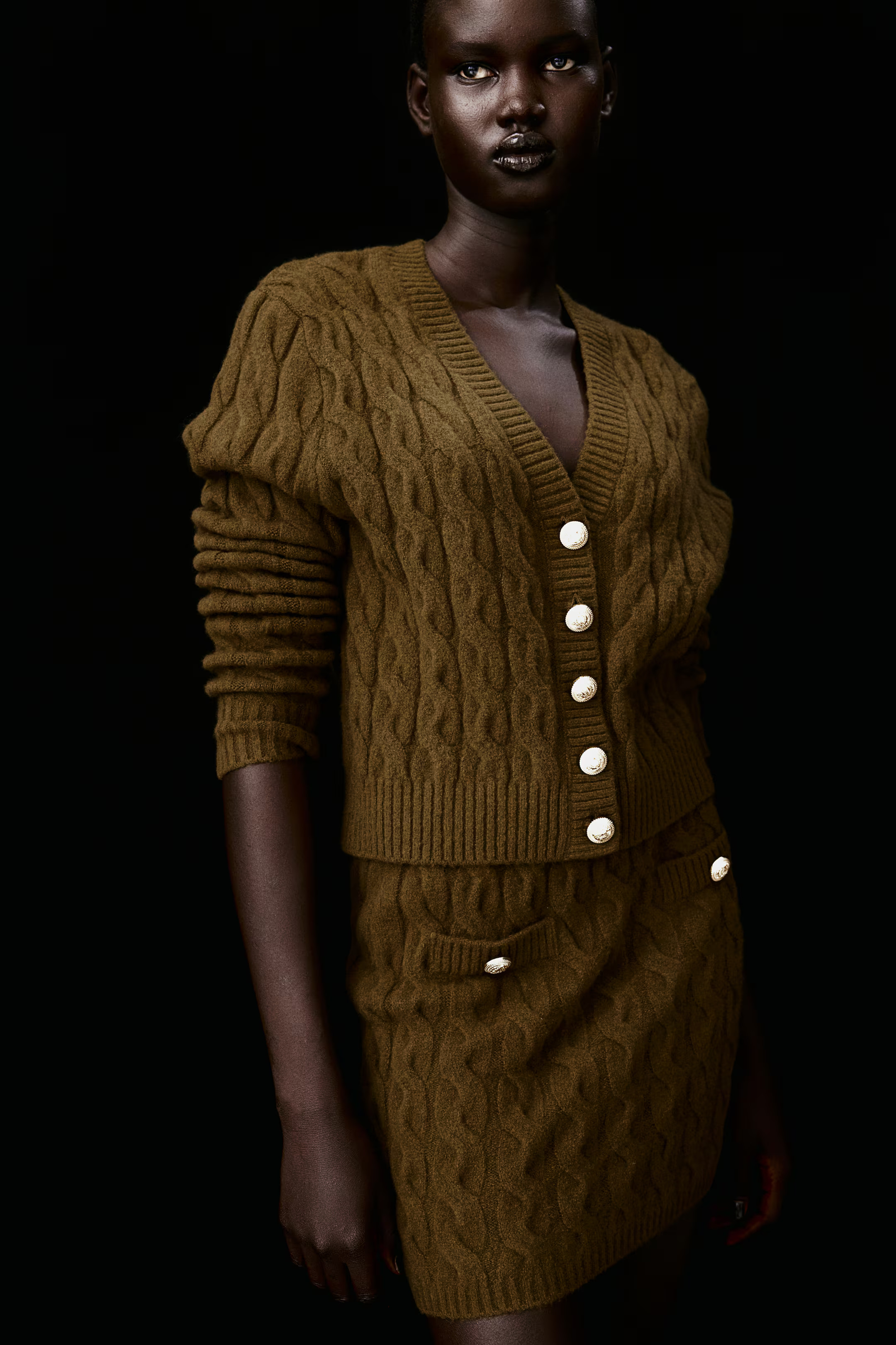 Cable-Knit Cardigan - V-neck - Long sleeve - Dark khaki green - Ladies | H&M US | H&M (US + CA)