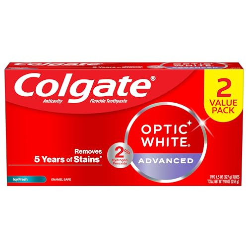 Colgate Optic White Advanced Teeth Whitening Toothpaste, 2% Hydrogen Peroxide Toothpaste, Icy Fresh, 4.5 Oz, 2 Pack | Amazon (US)