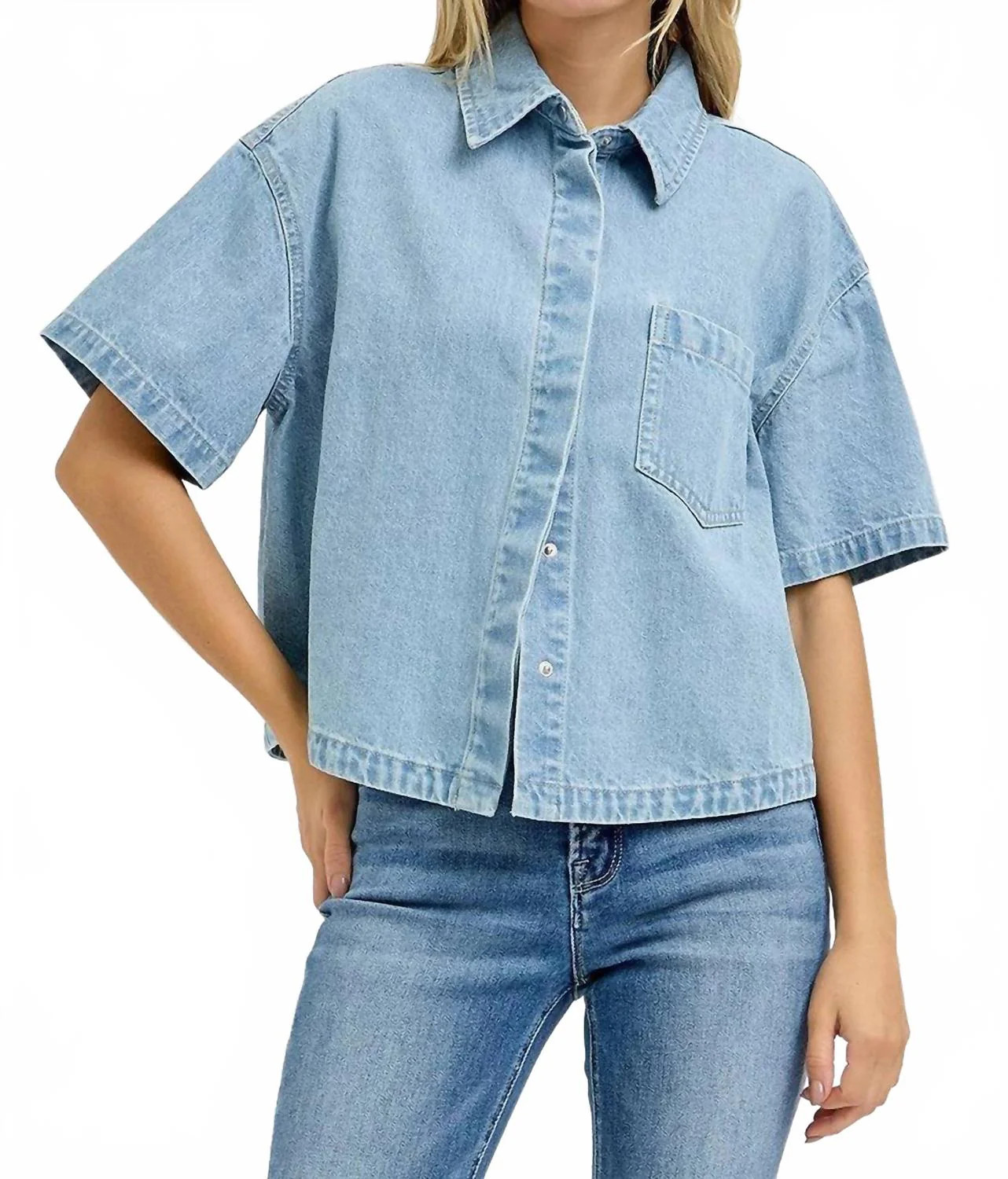 Cropped Denim Button Down Shirt In Light Wash | Shop Simon
