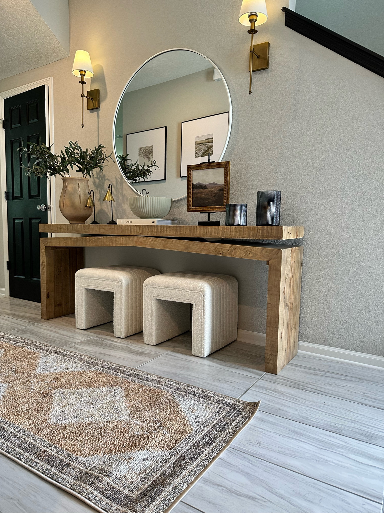 Entryway restyling ft the prettiest new runner! For reference my mirror is 42” 