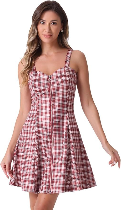 Allegra K Women's Plaid Tube Dress Zip Up Strap Sleeveless Party Mini A-Line Dress | Amazon (US)