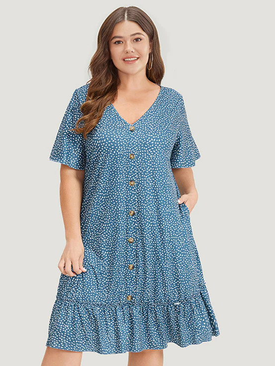 Water Drop Print Button Detail Ruffled Dress | Bloomchic