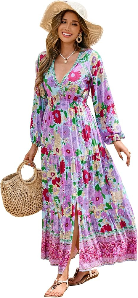 R.Vivimos Women's Boho Floral Print Maxi Dress V Neck Long Sleeve Elastic Waist Casual Flowy Slit... | Amazon (US)