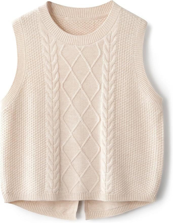 Women's Merino Wool Blend Sweater Vest 2025 Fall Winter Casual Crew Neck Cable Sleeveless Knit Pu... | Amazon (US)